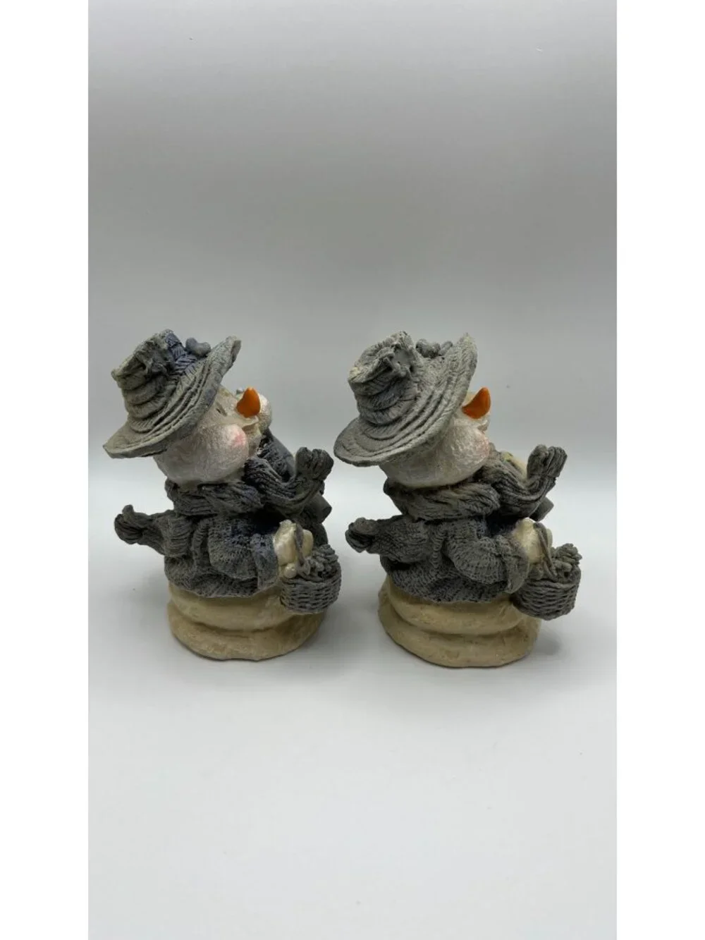 Pair Of Snowman Figurines With Hats & Scarves Holding Shovels Winter Decor